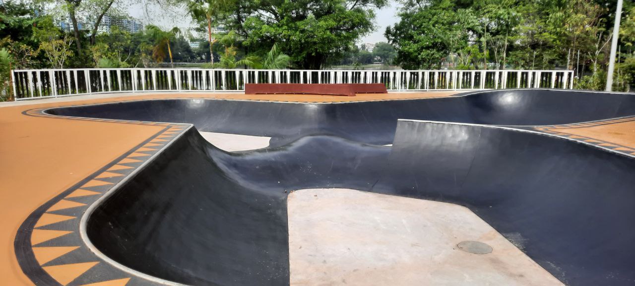 Singapore skate bowl with flowing concrete surfaces and decorative edge markings in a park setting