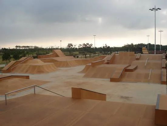 Large concrete skatepark with banks, hips and rails under a grey sky