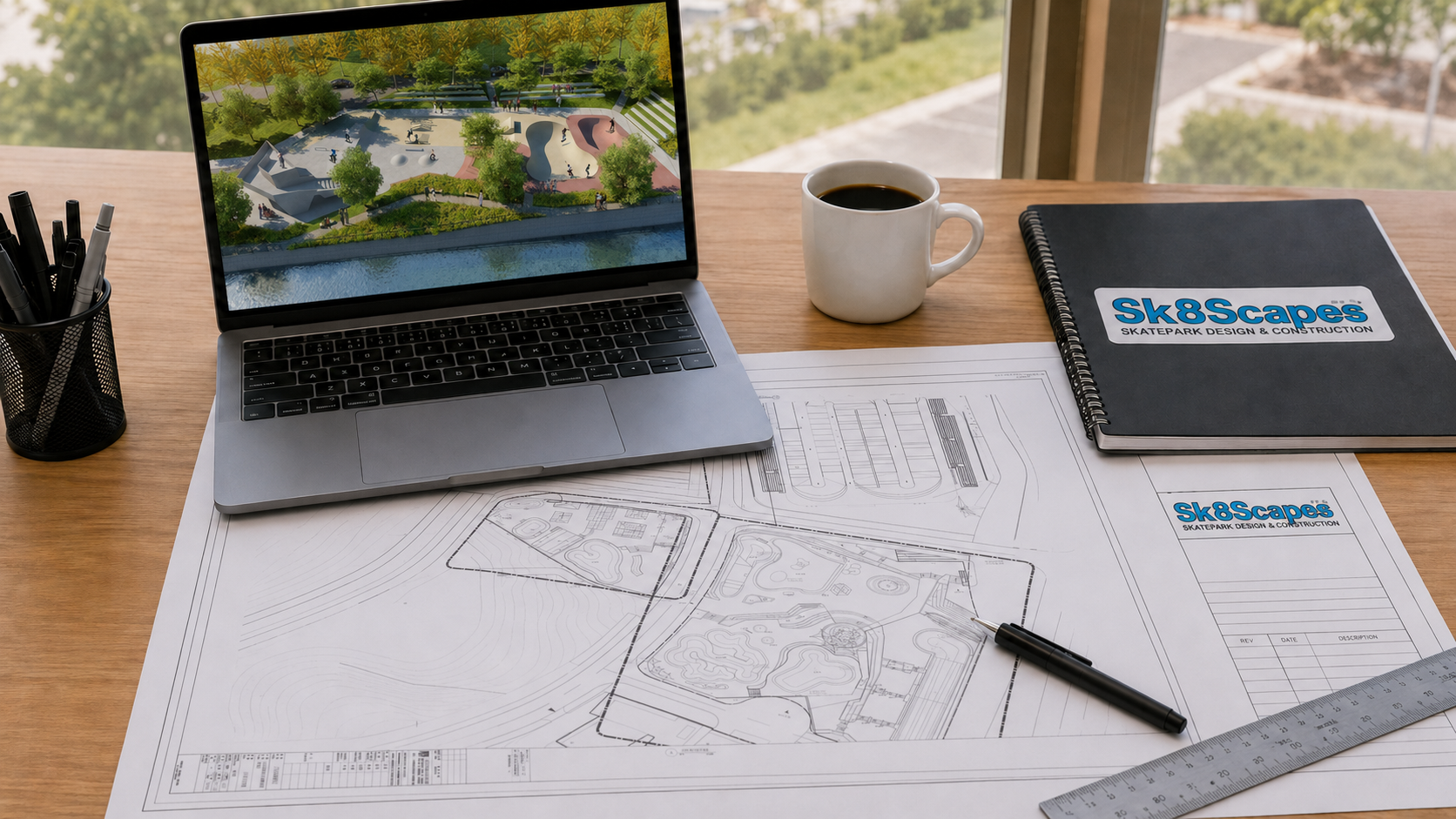Skatepark design desk with site plans, 3D render and Sk8scapes notebook