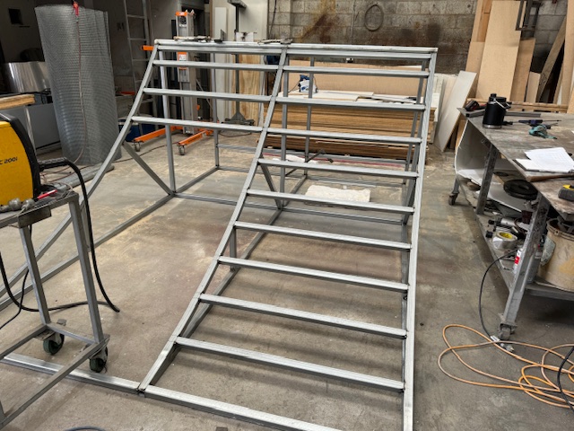 Steel skatepark element fabrication in workshop
