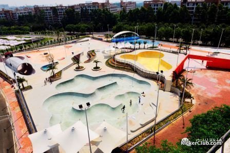 Overview of a large concrete skatepark